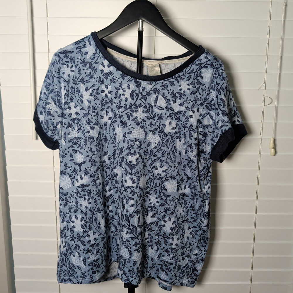 Lucky Brand Ringer Tee Women XL Blue Floral Short Sleeve Knit Top Excellent